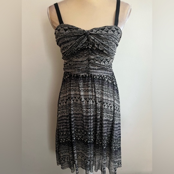 Free People Dresses & Skirts - Free People Black White Geometric Tribal Mesh Ruched Mini Dress Womens Medium